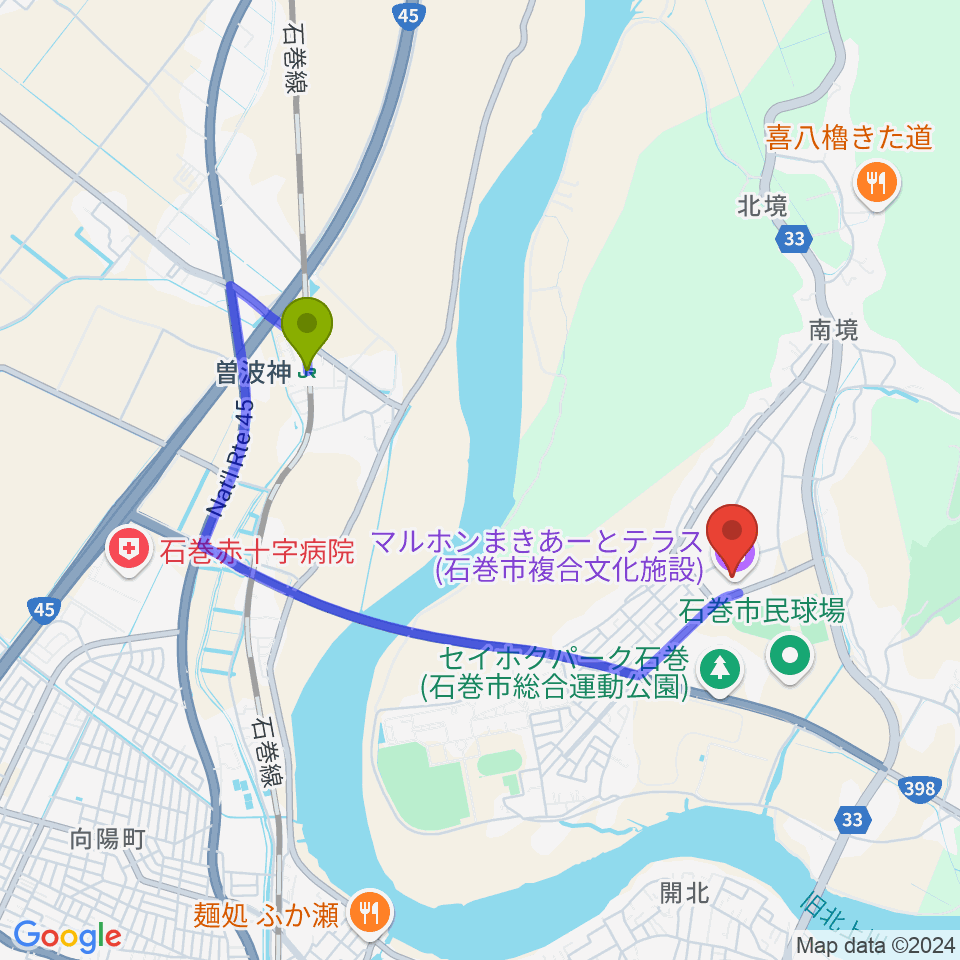 マルホンまきあーとテラスの最寄駅曽波神駅からの徒歩ルート（約29分）地図