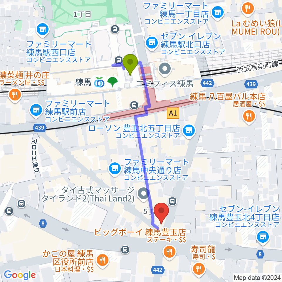 練馬FAMILYの最寄駅練馬駅からの徒歩ルート（約4分）地図