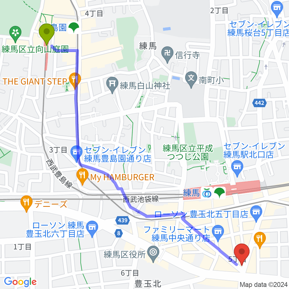 豊島園駅から練馬FAMILYへのルートマップ地図