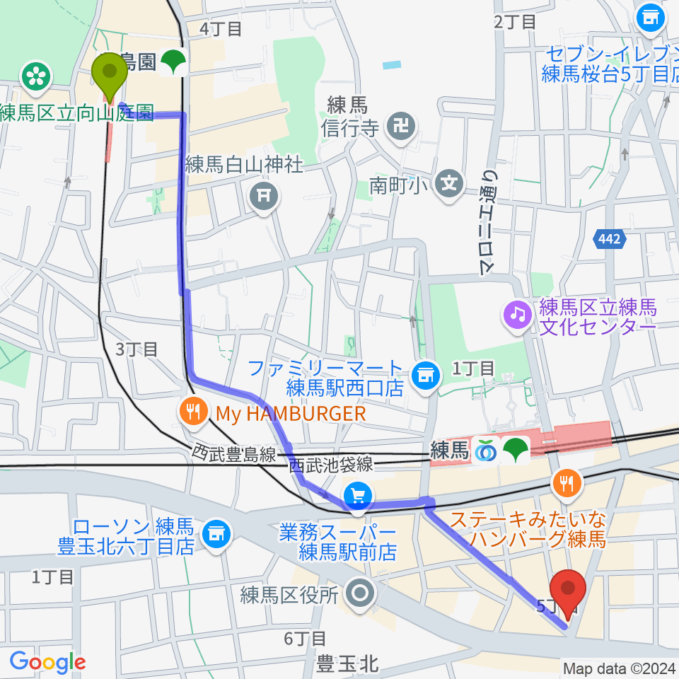 豊島園駅から練馬FAMILYへのルートマップ地図