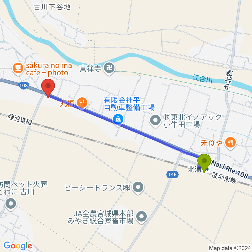 北浦駅からSTUDIO108へのルートマップ地図