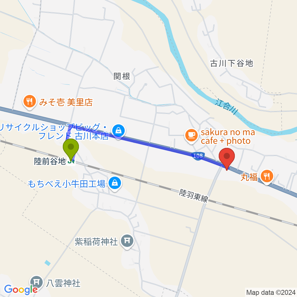 STUDIO108の最寄駅陸前谷地駅からの徒歩ルート（約16分）地図