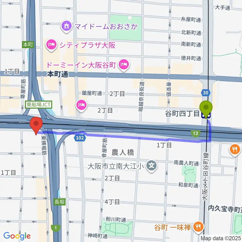谷町四丁目駅からJ:COM中央区民センターへのルートマップ地図