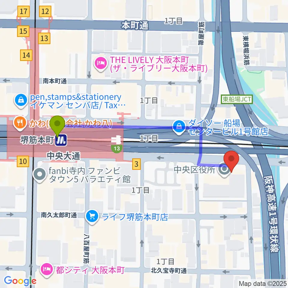 J:COM中央区民センターの最寄駅堺筋本町駅からの徒歩ルート（約5分）地図