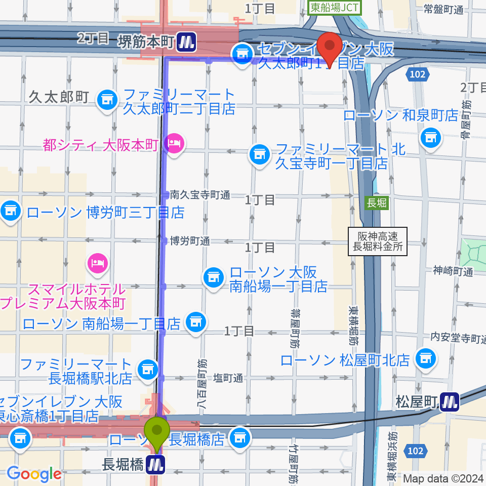 長堀橋駅からj Com中央区民センターへのルートマップ Mdata