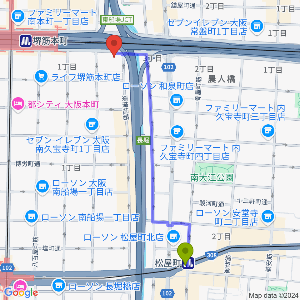 松屋町駅からJ:COM中央区民センターへのルートマップ地図