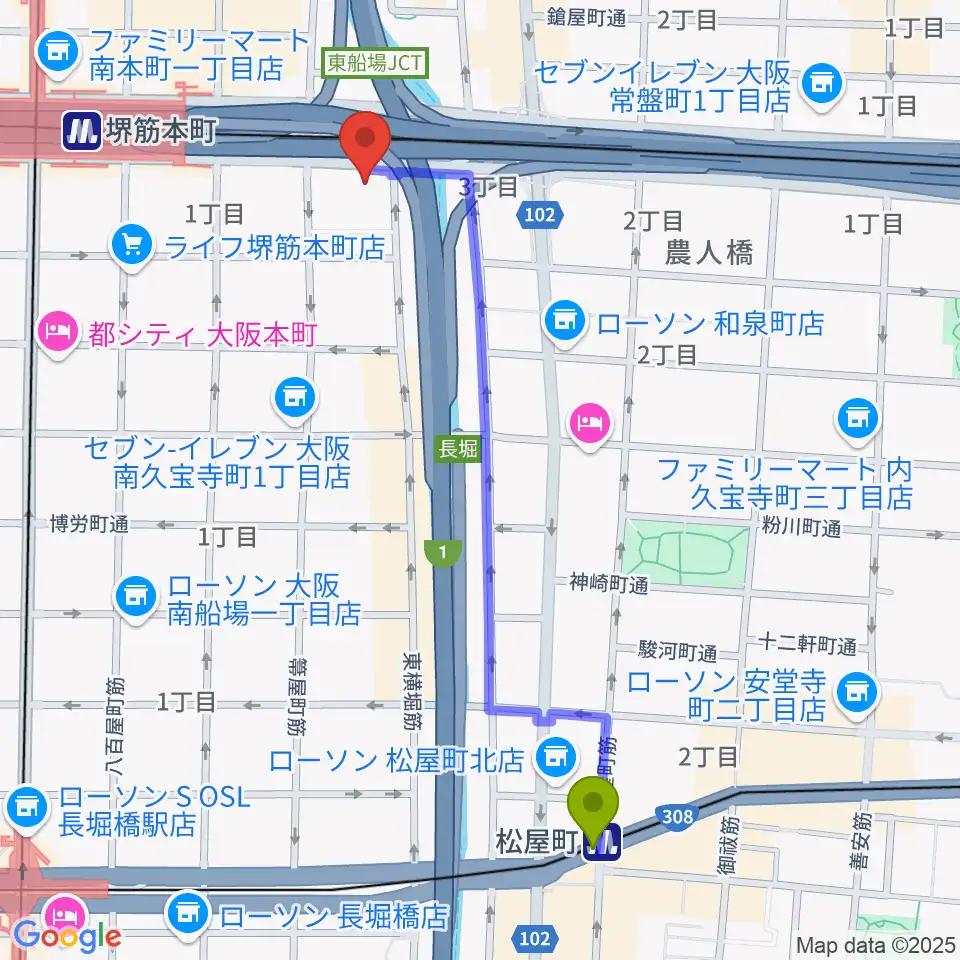 松屋町駅からJ:COM中央区民センターへのルートマップ地図