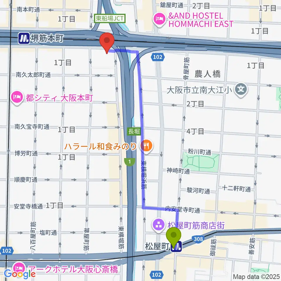 松屋町駅からJ:COM中央区民センターへのルートマップ地図