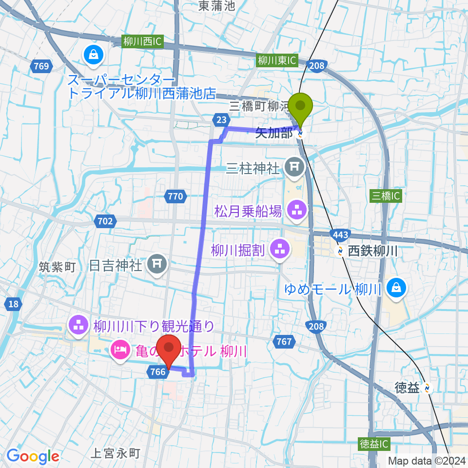 矢加部駅から柳川市民文化会館（水都やながわ）へのルートマップ地図