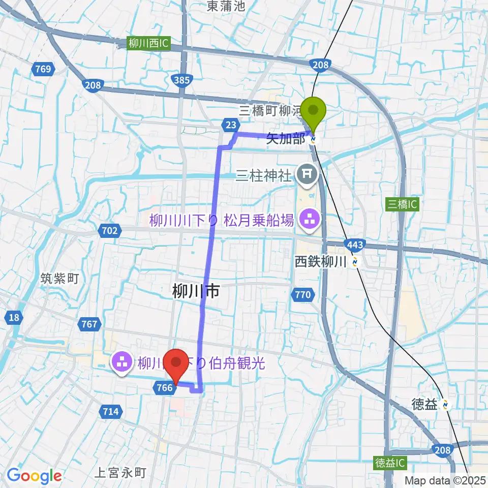 矢加部駅から柳川市民文化会館（水都やながわ）へのルートマップ地図