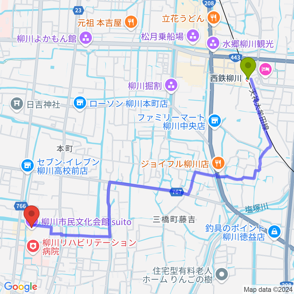 柳川市民文化会館（水都やながわ）の最寄駅西鉄柳川駅からの徒歩ルート（約29分）地図