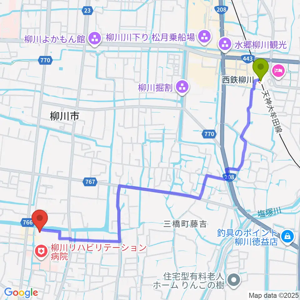 柳川市民文化会館（水都やながわ）の最寄駅西鉄柳川駅からの徒歩ルート（約29分）地図