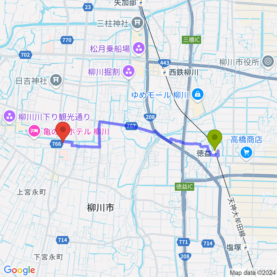 徳益駅から柳川市民文化会館（水都やながわ）へのルートマップ地図