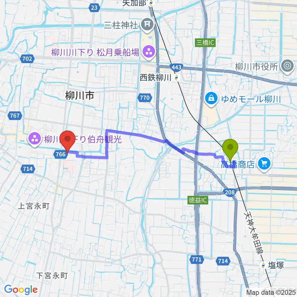 徳益駅から柳川市民文化会館（水都やながわ）へのルートマップ地図