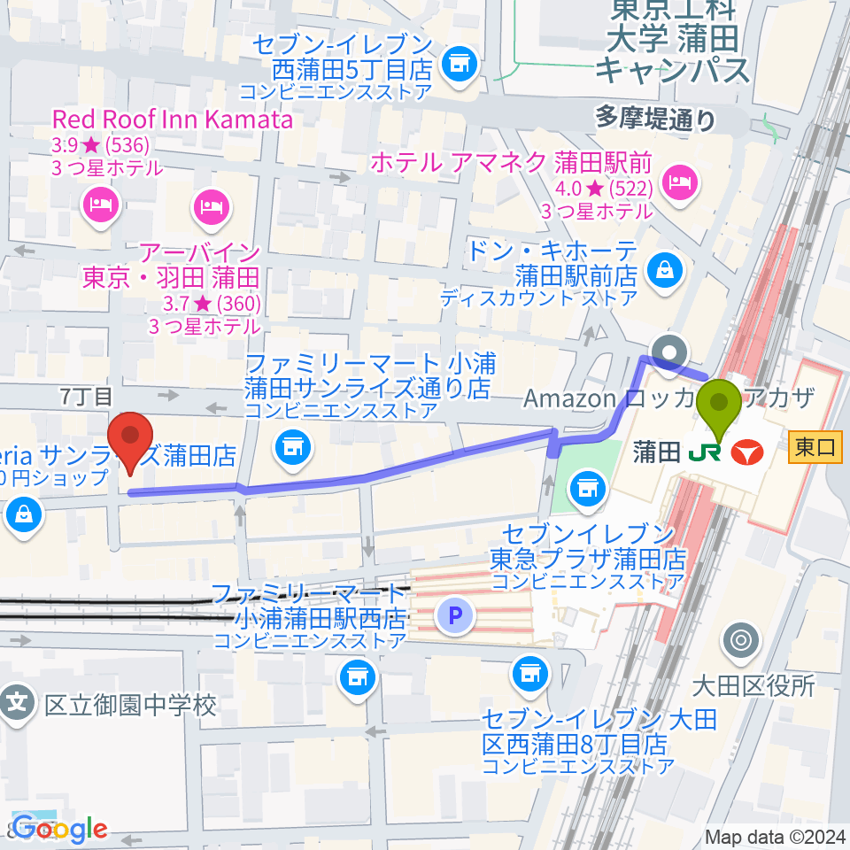 新堀ギター音楽院 蒲田教室の最寄駅蒲田駅からの徒歩ルート（約5分）地図