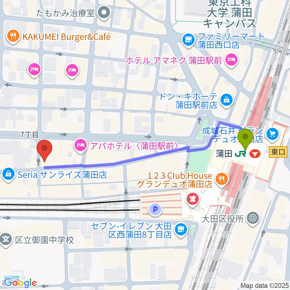 新堀ギター音楽院 蒲田教室の最寄駅蒲田駅からの徒歩ルート（約5分）地図