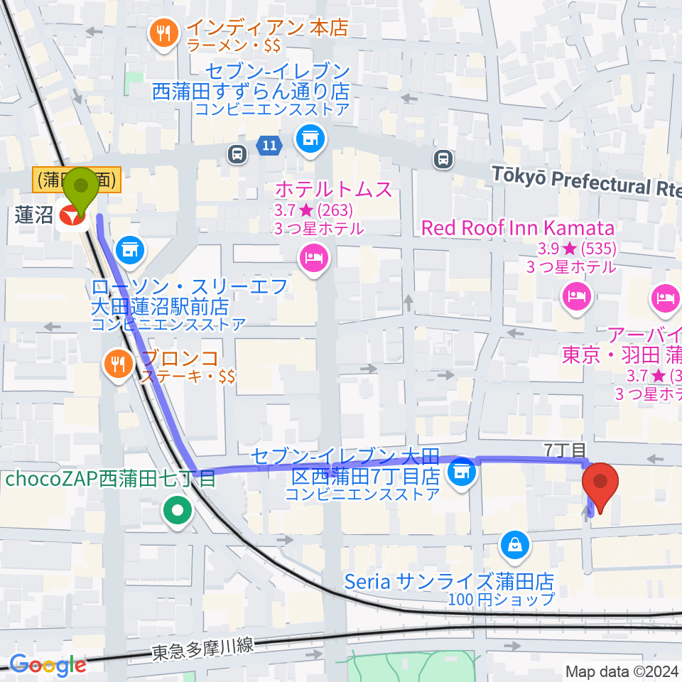 蓮沼駅から新堀ギター音楽院 蒲田教室へのルートマップ地図