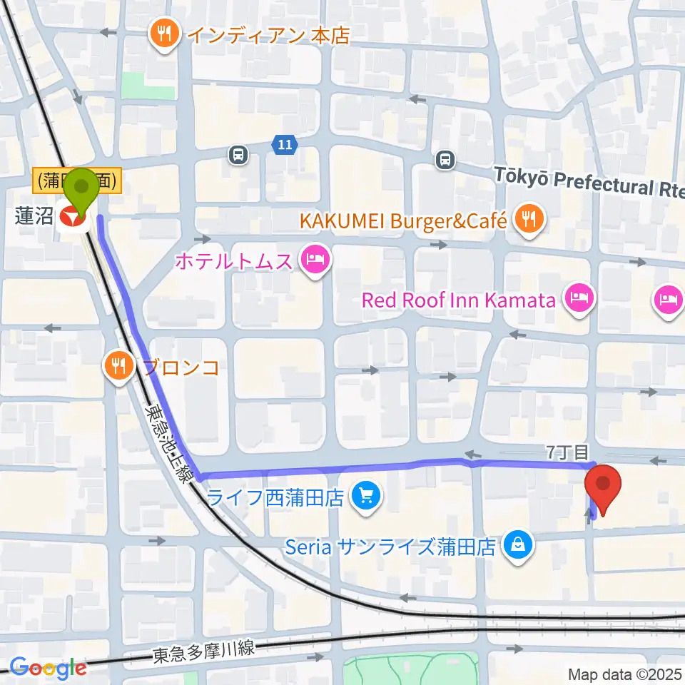 蓮沼駅から新堀ギター音楽院 蒲田教室へのルートマップ地図