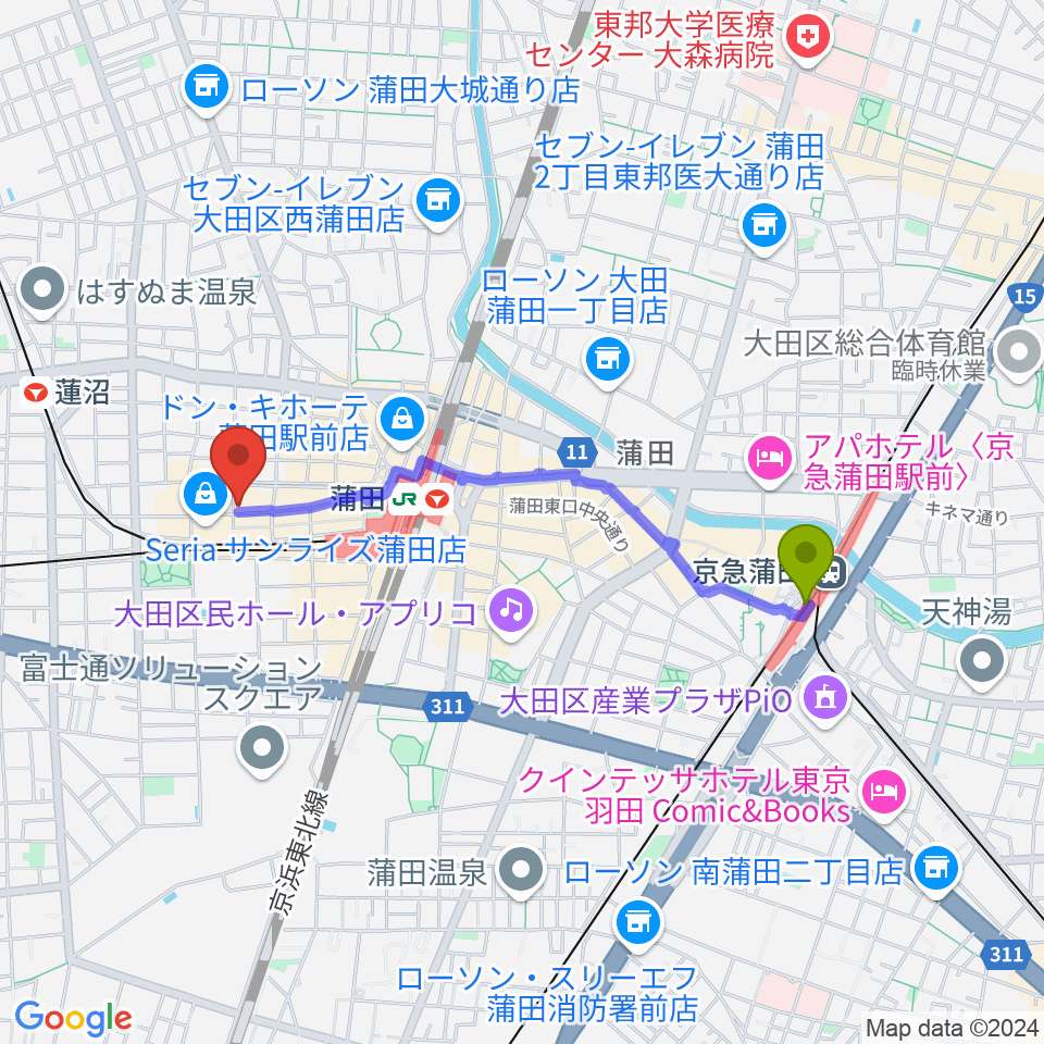 京急蒲田駅から新堀ギター音楽院 蒲田教室へのルートマップ地図