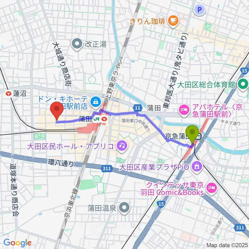 京急蒲田駅から新堀ギター音楽院 蒲田教室へのルートマップ地図