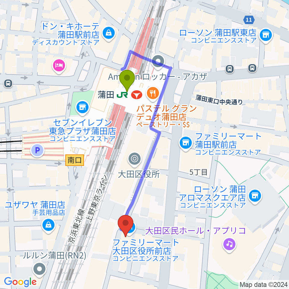 カワイ音楽教室 蒲田センターの最寄駅蒲田駅からの徒歩ルート（約4分）地図