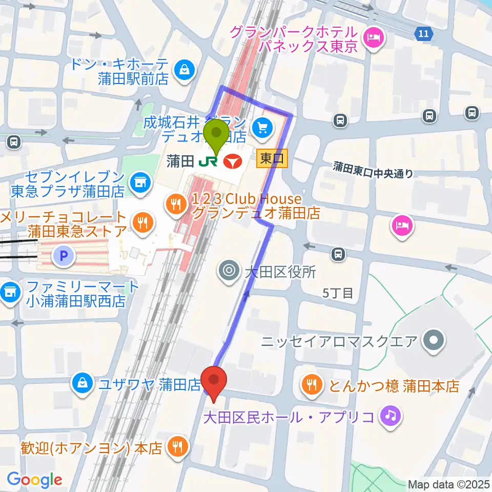 カワイ音楽教室 蒲田センターの最寄駅蒲田駅からの徒歩ルート（約4分）地図