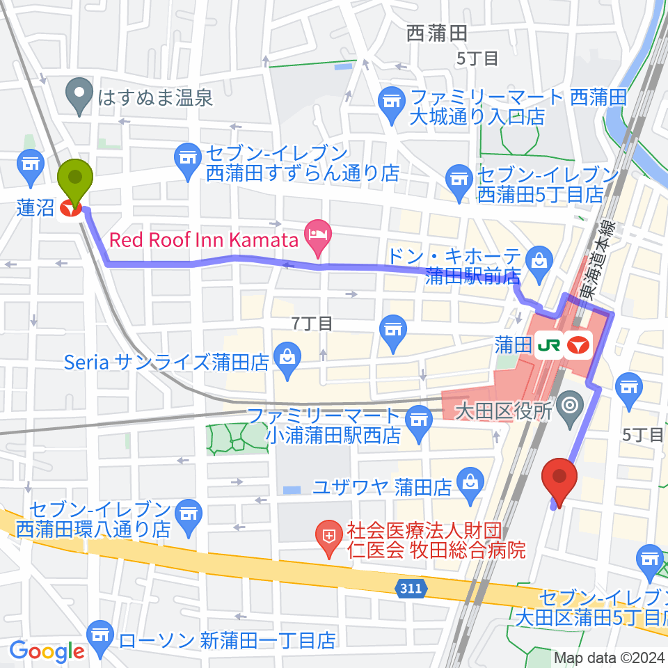 蓮沼駅からカワイ音楽教室 蒲田センターへのルートマップ地図