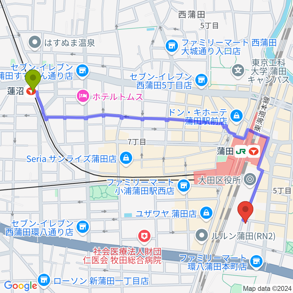 蓮沼駅からカワイ音楽教室 蒲田センターへのルートマップ地図