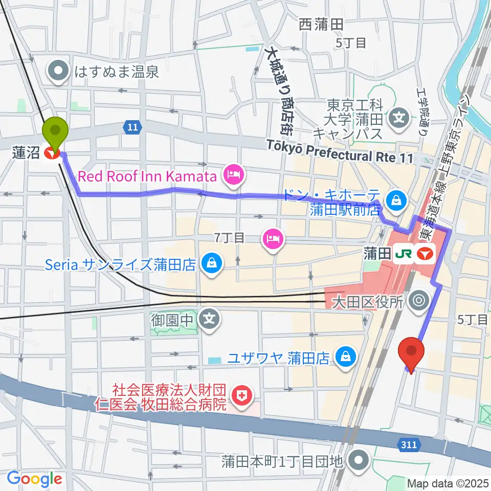 蓮沼駅からカワイ音楽教室 蒲田センターへのルートマップ地図