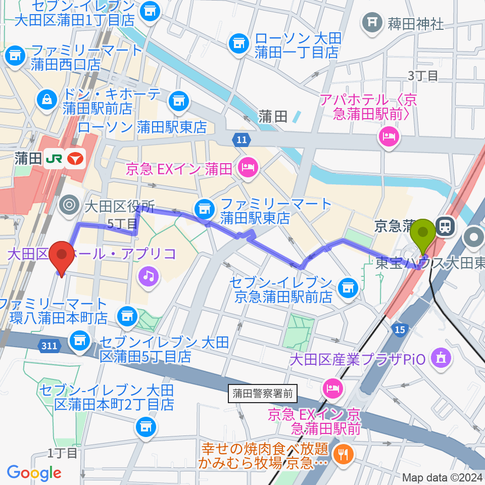 京急蒲田駅からカワイ音楽教室 蒲田センターへのルートマップ地図