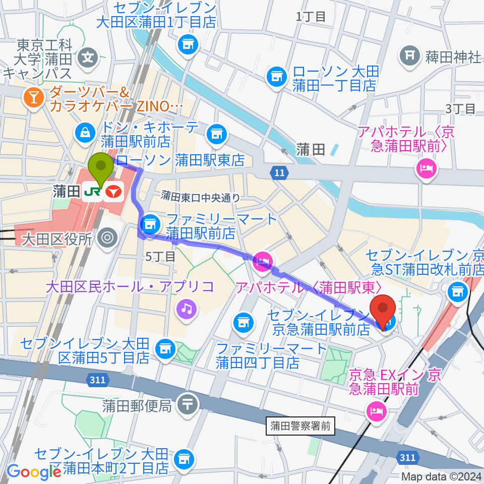 蒲田駅からスター楽器蒲田センターへのルートマップ地図