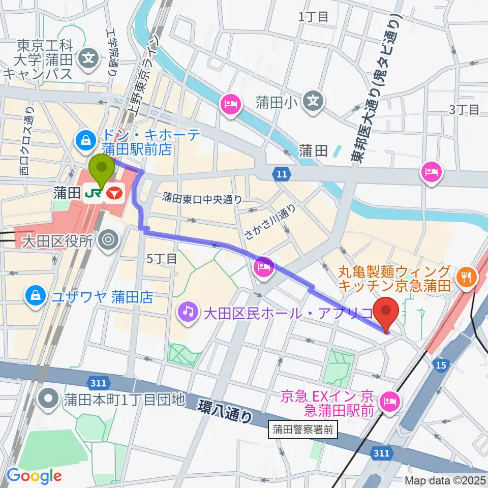 蒲田駅からスター楽器蒲田センターへのルートマップ地図