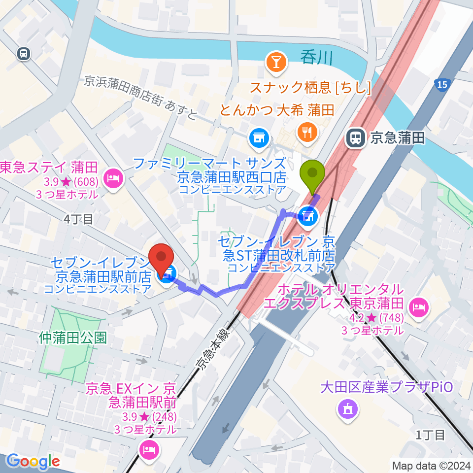 スター楽器蒲田センターの最寄駅京急蒲田駅からの徒歩ルート（約3分）地図