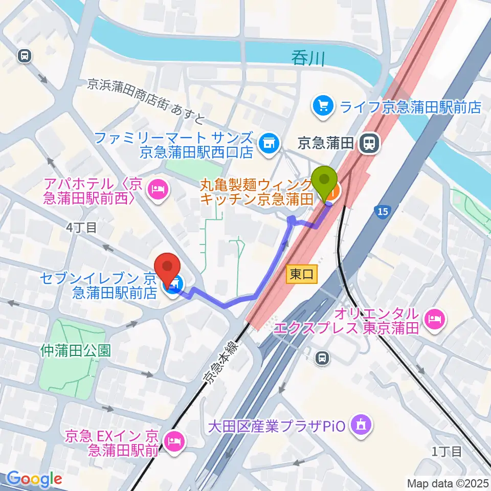 スター楽器蒲田センターの最寄駅京急蒲田駅からの徒歩ルート（約3分）地図
