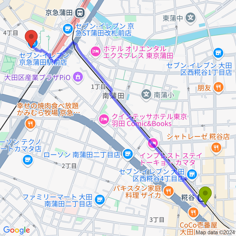 糀谷駅からスター楽器蒲田センターへのルートマップ地図