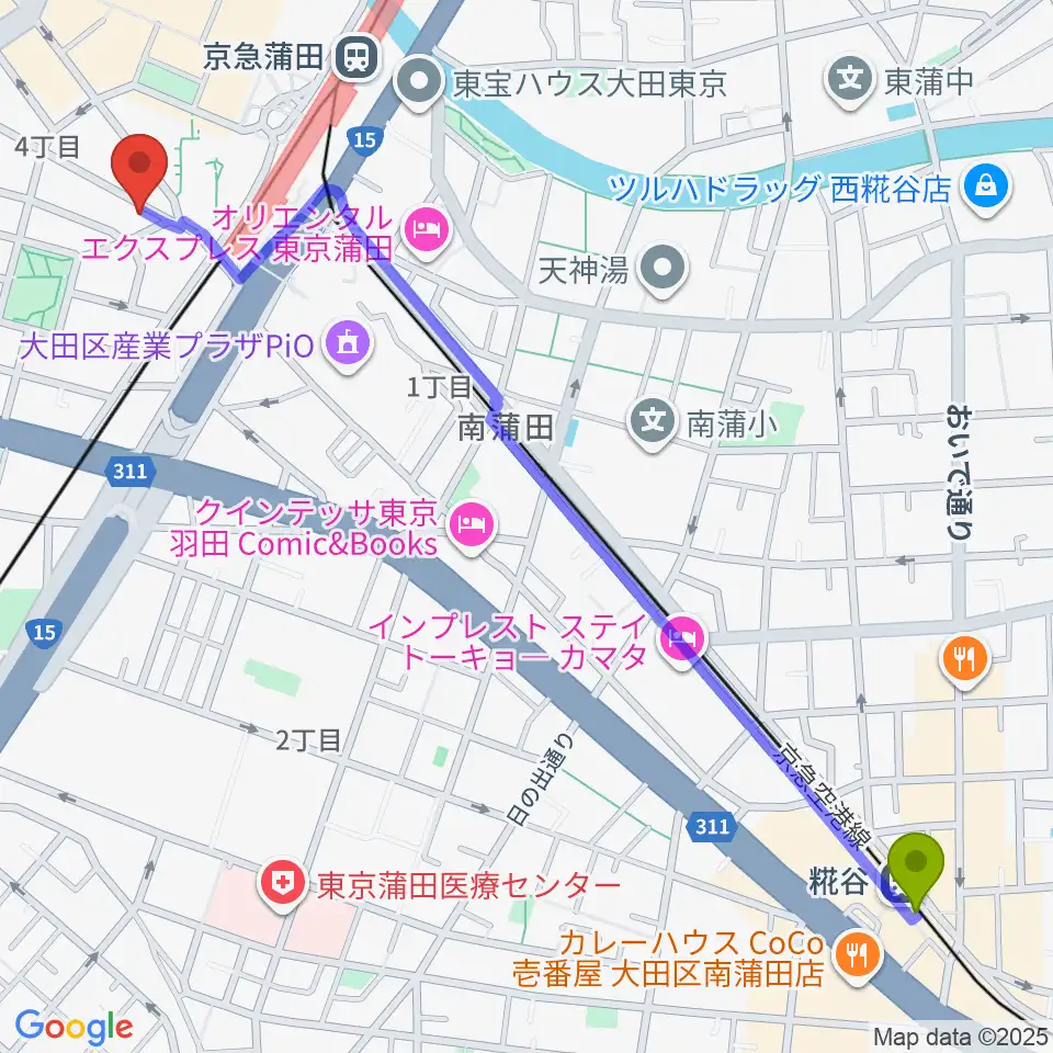 糀谷駅からスター楽器蒲田センターへのルートマップ地図