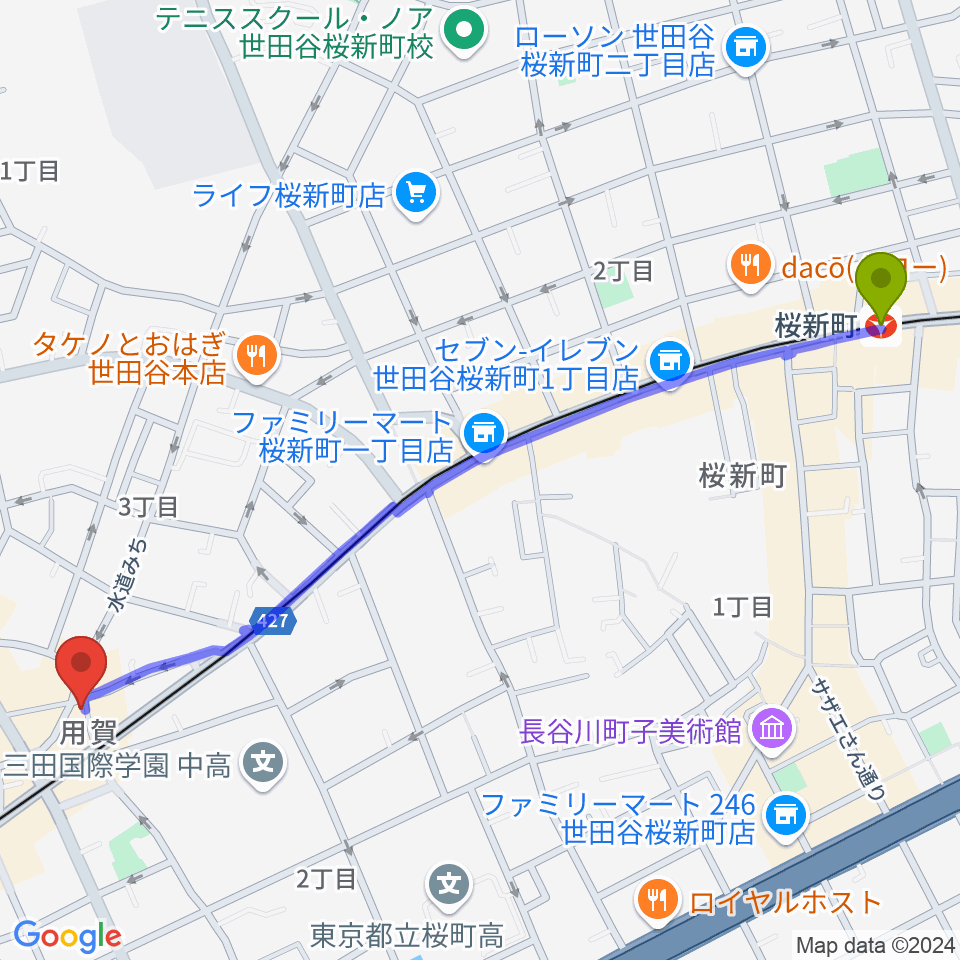 桜新町駅から用賀エピタフへのルートマップ地図