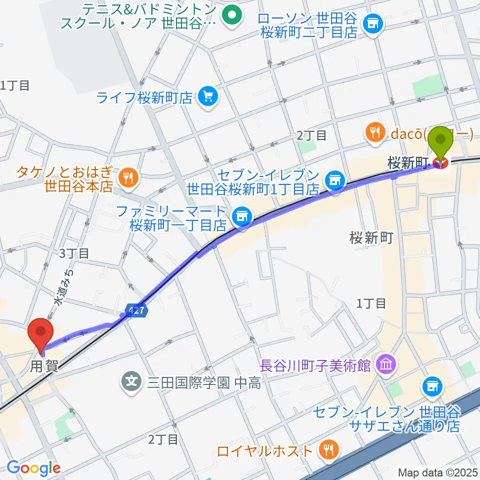 桜新町駅から用賀エピタフへのルートマップ地図