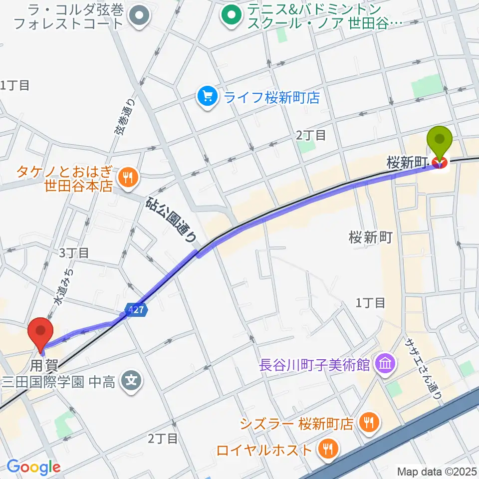 桜新町駅から用賀エピタフへのルートマップ地図