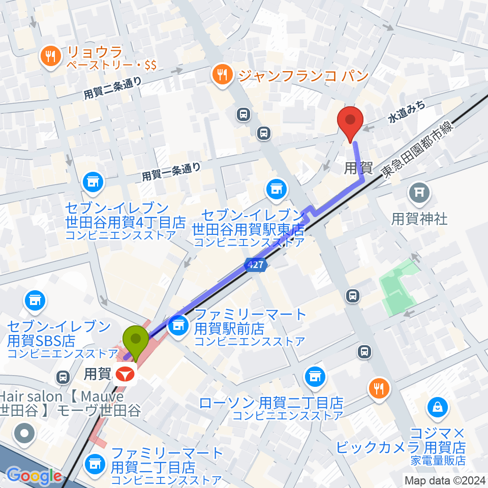 用賀エピタフの最寄駅用賀駅からの徒歩ルート（約5分）地図