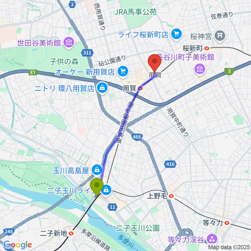 二子玉川駅から用賀エピタフへのルートマップ地図