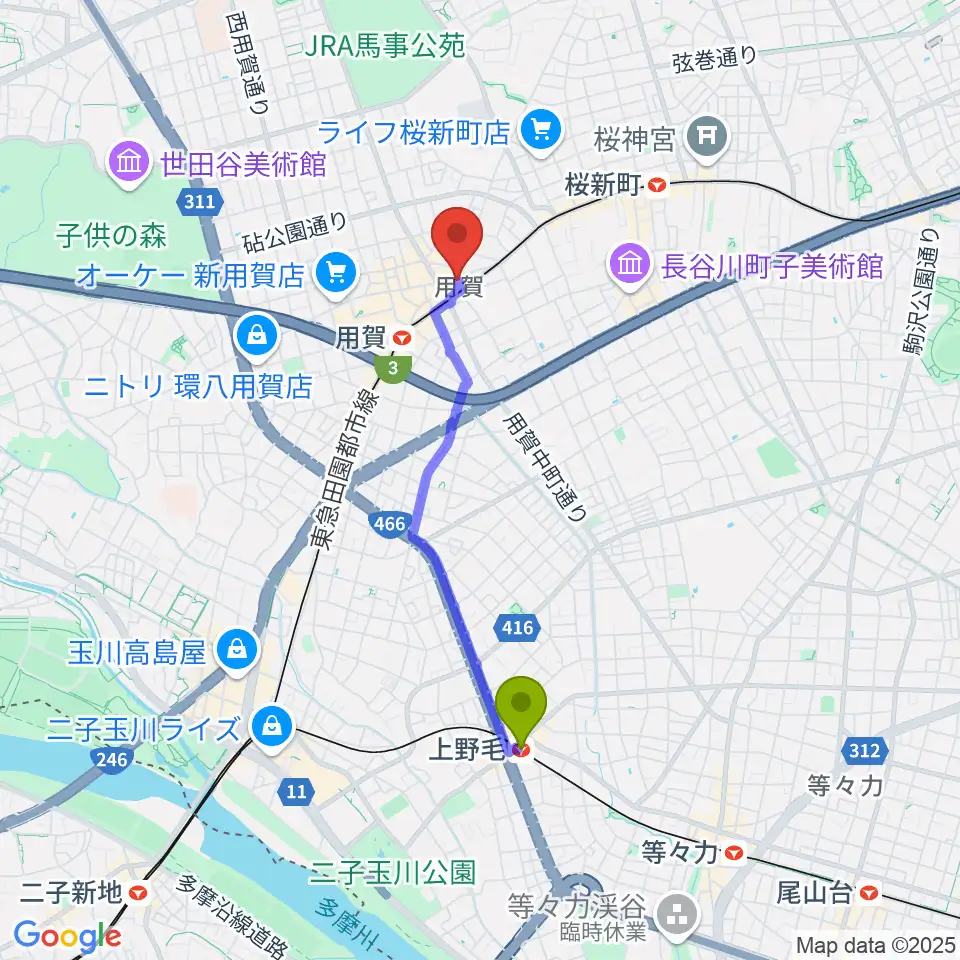 上野毛駅から用賀エピタフへのルートマップ地図