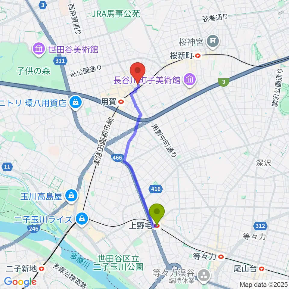 上野毛駅から用賀エピタフへのルートマップ地図