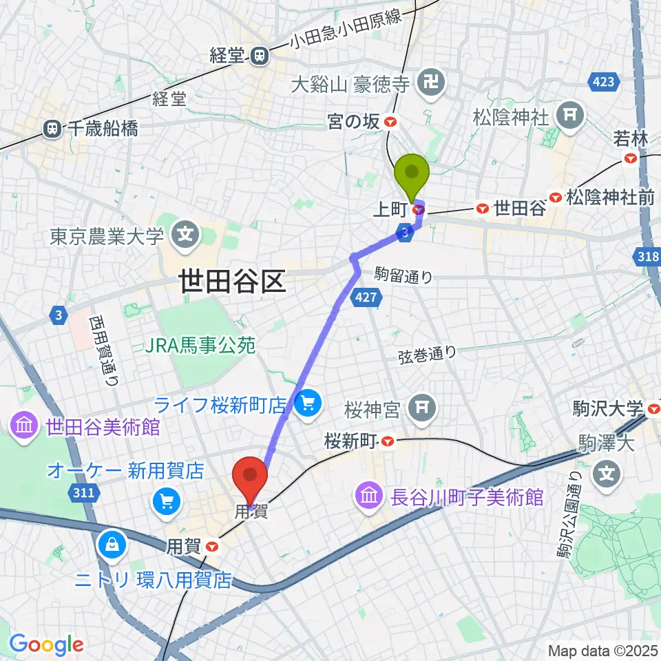 上町駅から用賀エピタフへのルートマップ地図