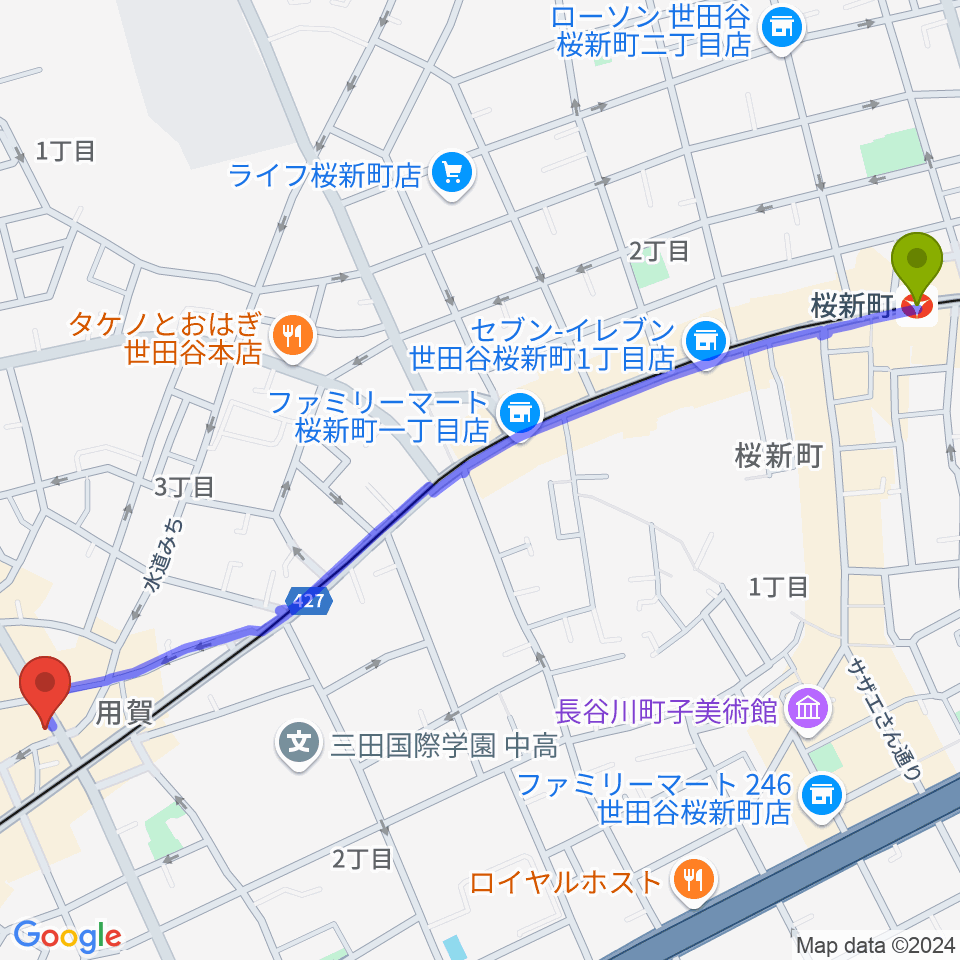 桜新町駅から用賀 お琴・尺八・篠笛教室へのルートマップ地図