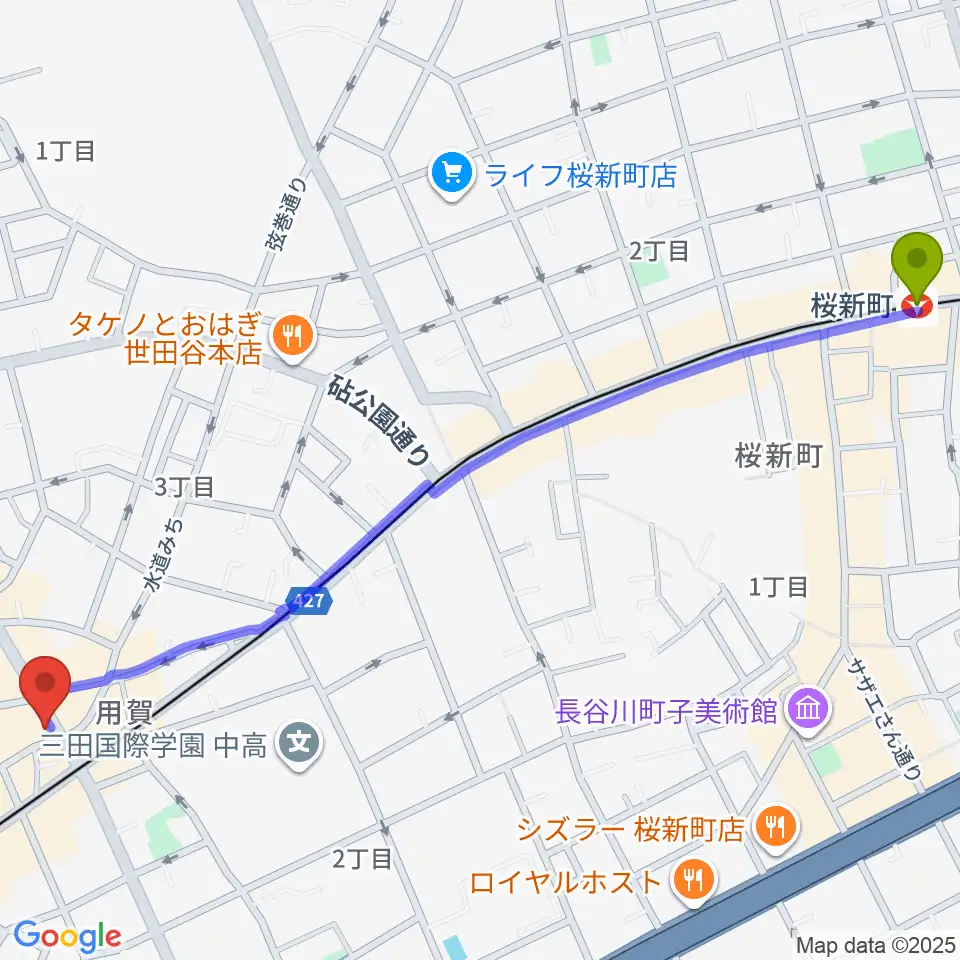桜新町駅から用賀 お琴・尺八・篠笛教室へのルートマップ地図