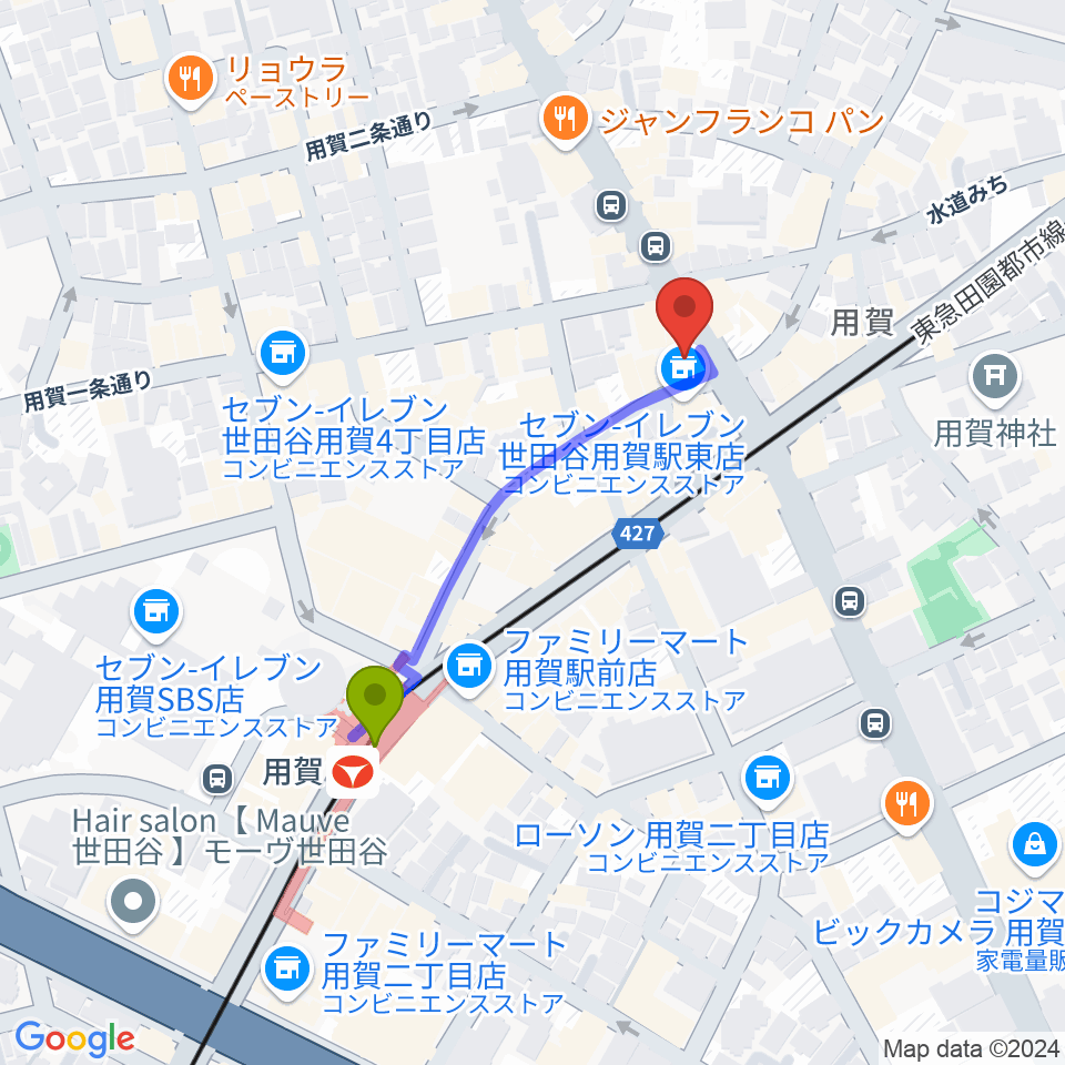 用賀 お琴・尺八・篠笛教室の最寄駅用賀駅からの徒歩ルート（約4分）地図