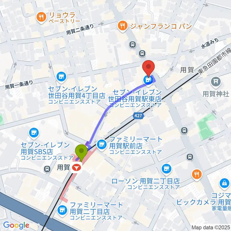 用賀 お琴・尺八・篠笛教室の最寄駅用賀駅からの徒歩ルート（約4分）地図