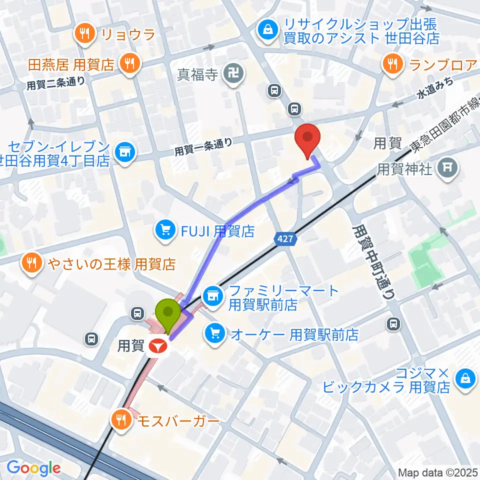 用賀 お琴・尺八・篠笛教室の最寄駅用賀駅からの徒歩ルート（約4分）地図