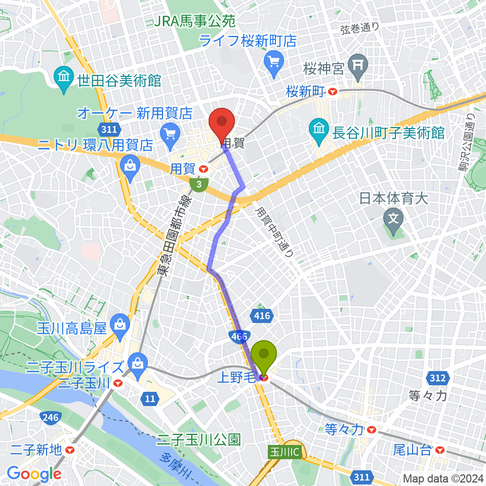 上野毛駅から用賀 お琴・三味線・尺八教室へのルートマップ地図